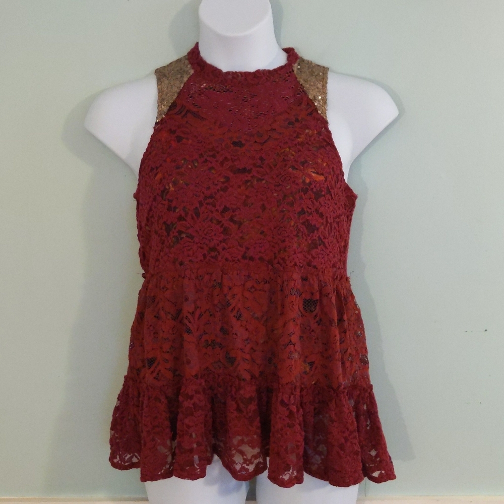 Burgundy Gold Sequin Lace Top
